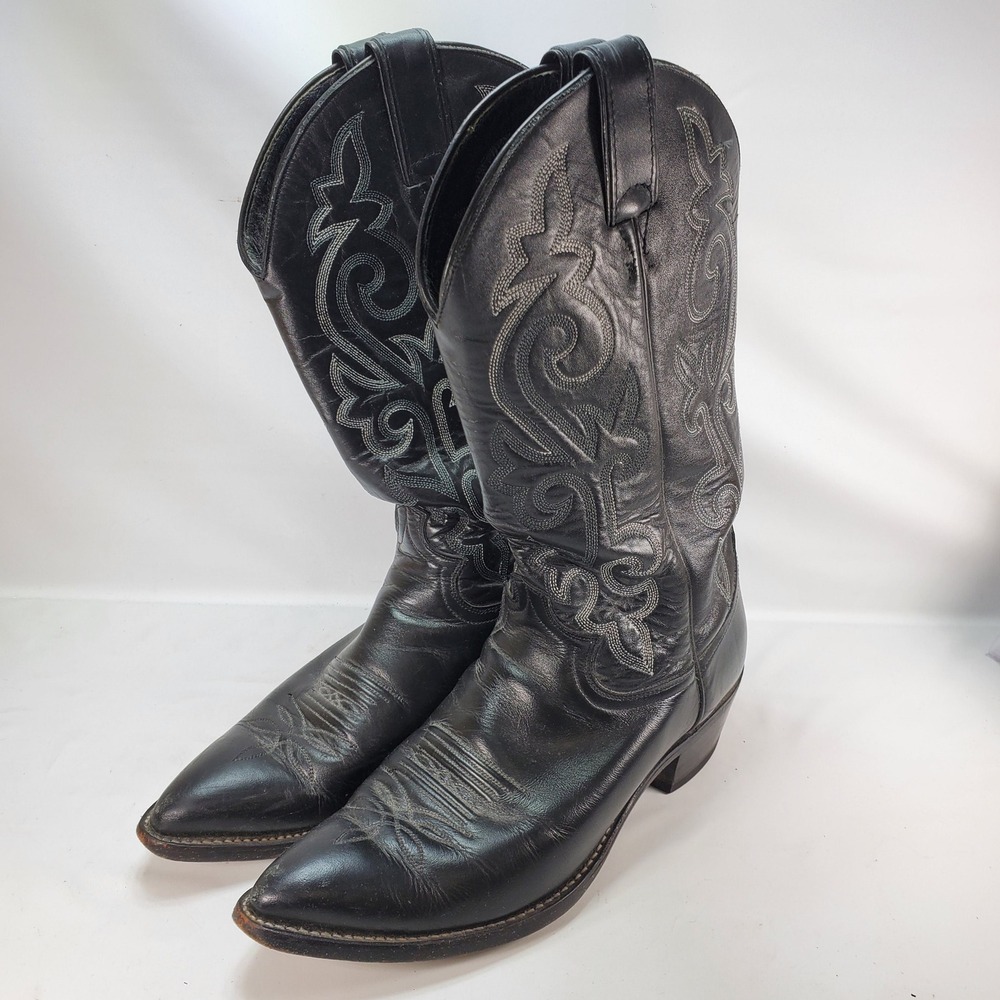 Justin Western Boots Mens 9 Black Leather Pointed Toe Embroidered 1408 USA Made